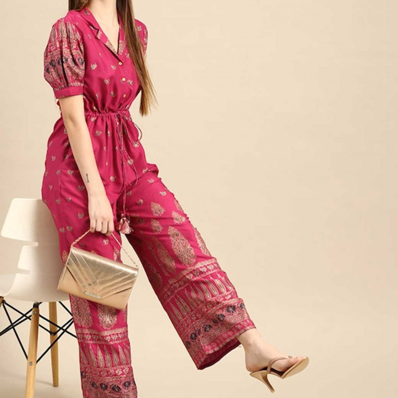 Women Magenta & Golden Ethnic Motifs Printed Basic Jumpsuit