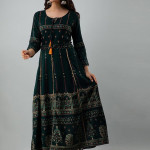 Women Green & Yellow Ethnic Motifs Printed Thread Work Anarkali Kurta