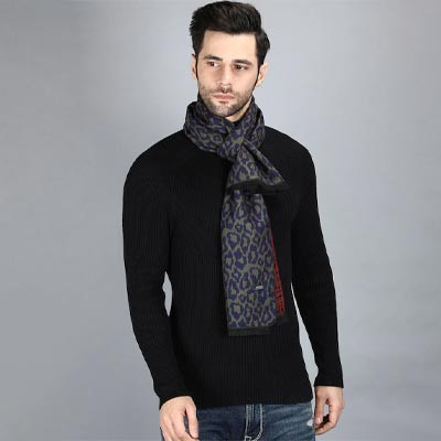 Men Navy Blue & Grey Animal Printed Merino Wool Muffler