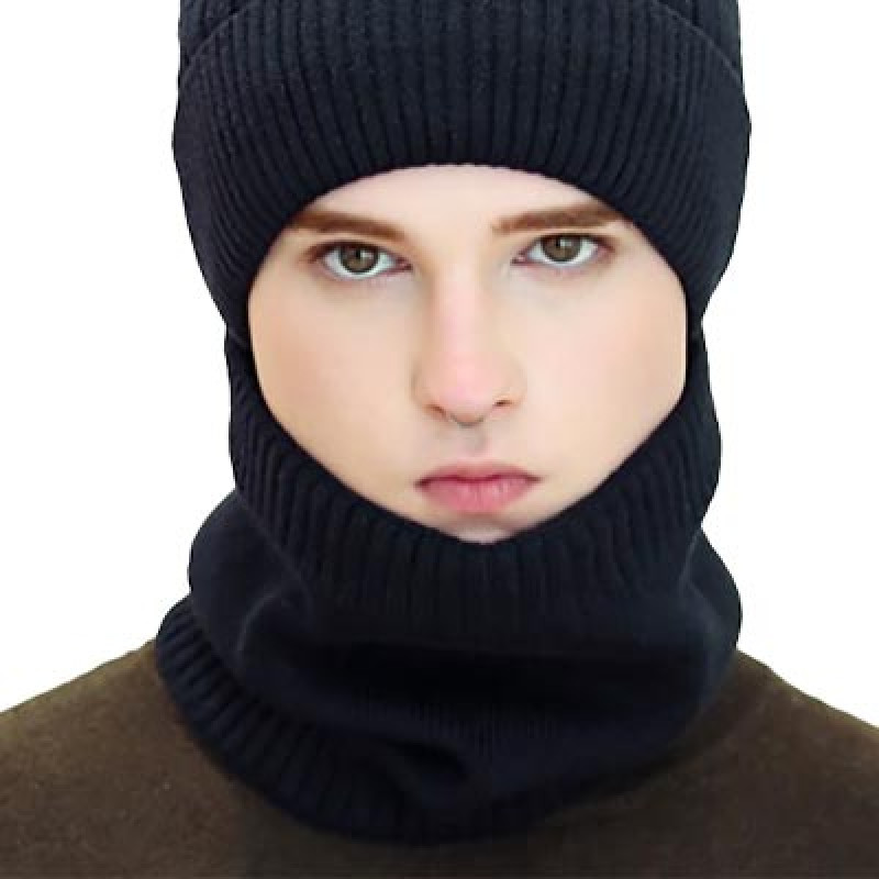 Unisex Black Solid 2 In 1 Warm Wollen Cap & Neck Warmer