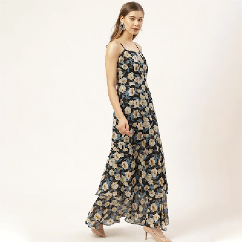 Black & Off-White Floral Print High-Slit Tiered Maxi Dress