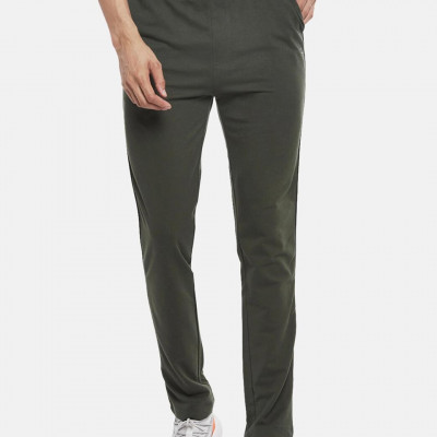 Men Olive-Green Solid Pure Cotton Slim-Fit Track Pants