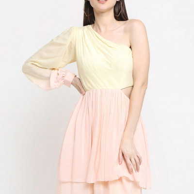 Pink & Yellow One Shoulder Crepe Dress