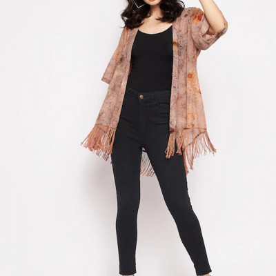 Women Brown Printed Tasselled Shrug